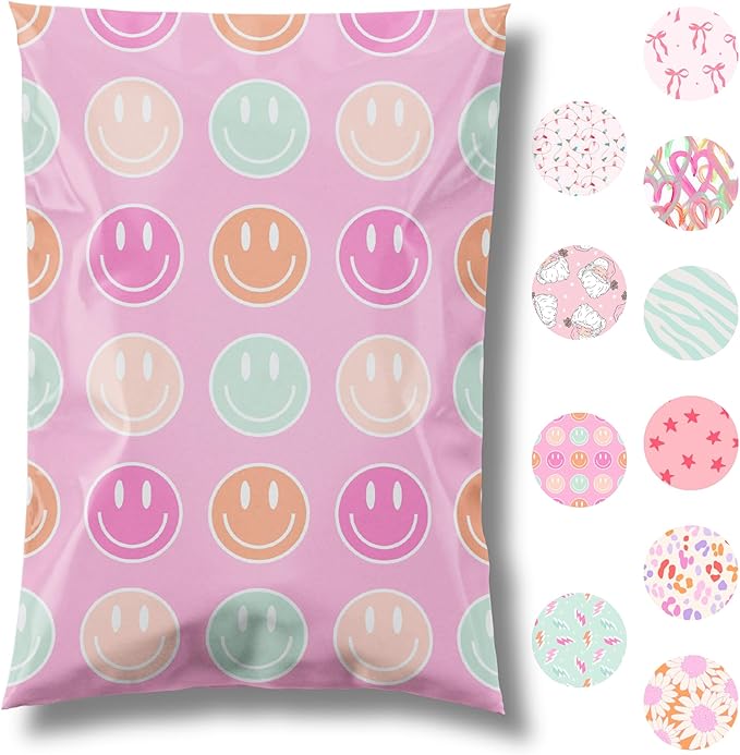Pretty Package Store Designer Poly Mailers 14.5x19, Smiley Face, 100 Pack | by PrettyPackageStore