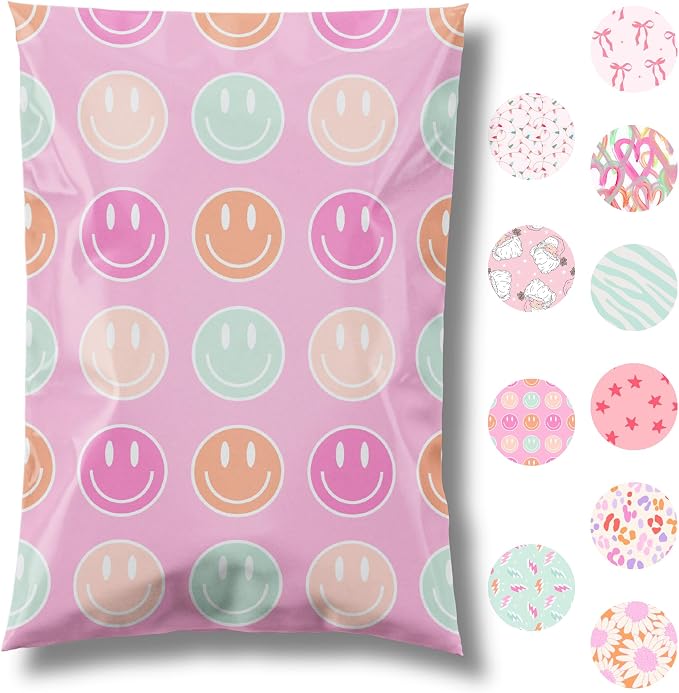 Pretty Package Store Designer Poly Mailer 10x13, Smiley Face, 100 Pack | Heavy by PrettyPackageStore