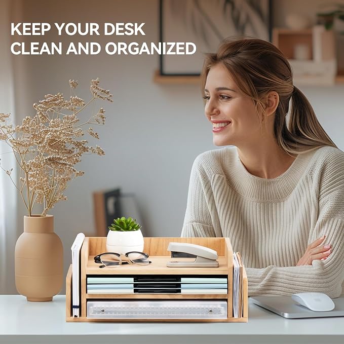 KIRIGEN Wood Desk Organizer 5 Trays, 3-Tier Desktop Document Letter Tray - Image 5