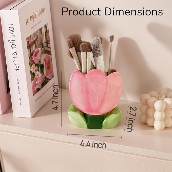 Pink Pencil Holder, Ceramic Tulip Pen Holder, Aesthetic Office Vanity Kitchen - Image 2
