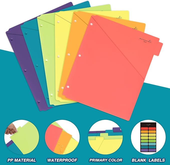 H4D 6-Tab Plastic Binder Dividers, 2 Pockets, Primary Colors, 4 Sets | Made of - Image 5
