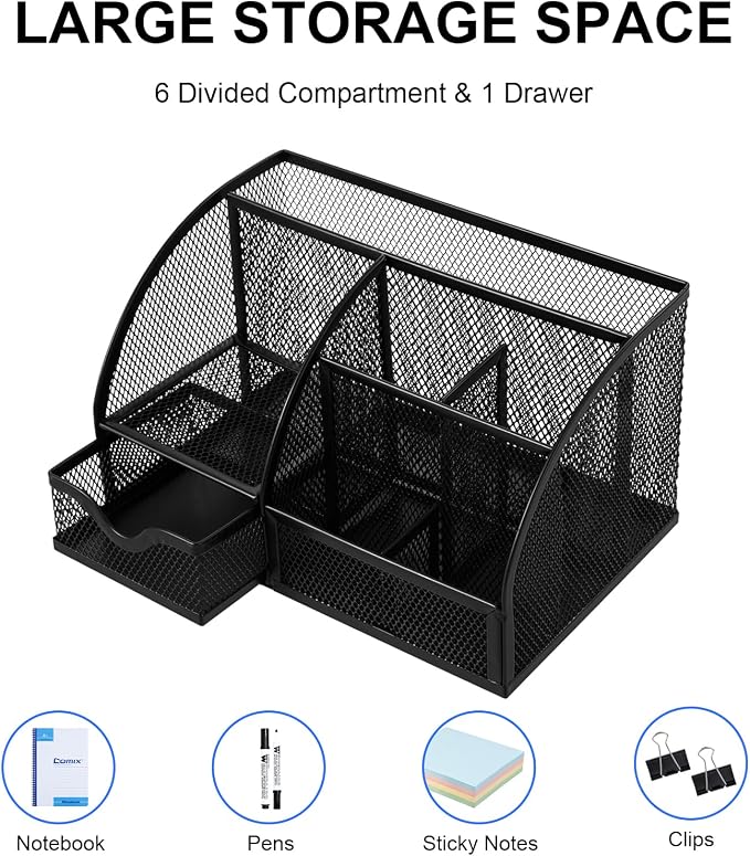 Comix Mesh Pen Pencil Holder Desk Organizer, 7 Compartment Wire Desktop Pen - Image 4