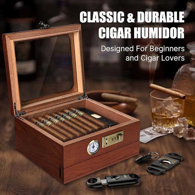 Tesonway Cigar Humidor, Cedar Wood Humidor Cigar Box, Glass Top Desktop Humidor - Image 7