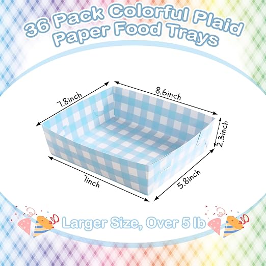 Suclain 36 Pack Light Blue and White Gingham Paper Trays 5 lb Grease Resistant - Image 4