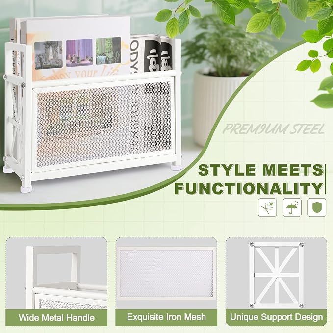 White Magazine Holder, Metal Magazine Rack Floor, Magazine Storage Basket - Image 4