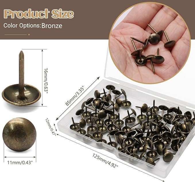 Biaungdo 100 Pcs 11 x 16 mm Round Head Upholstery Tacks, Bronze Metal Thumb - Image 4