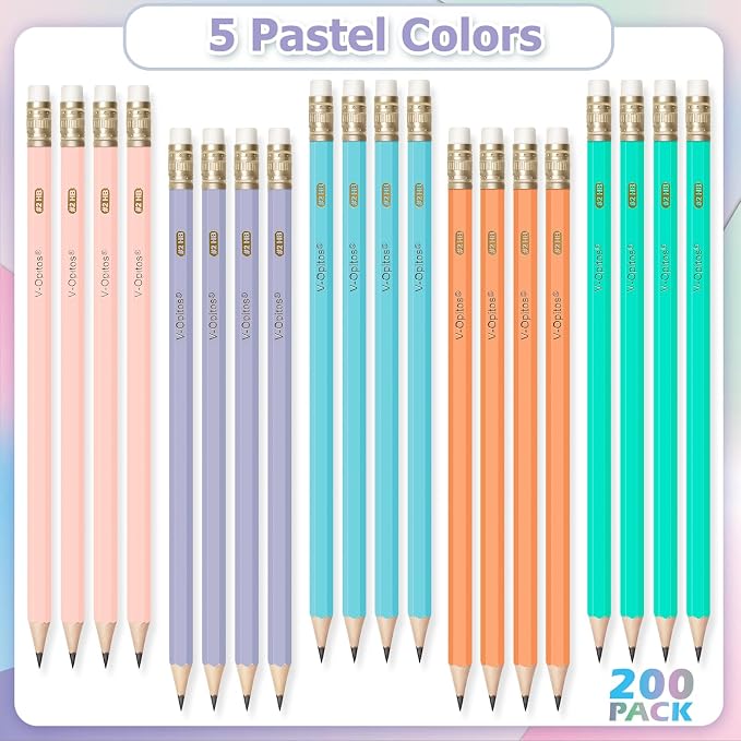 V-Opitos 200 Pack #2 HB Pencils, Bulk Wood-Cased Pre-Sharpened Pastel Color - Image 4