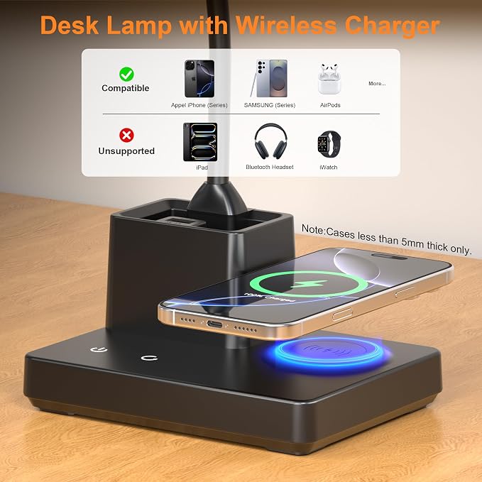 Desk Lamp, Table Lamp with Wireless Charger & USB Port, 800LM CRI95 3 Color - Image 3