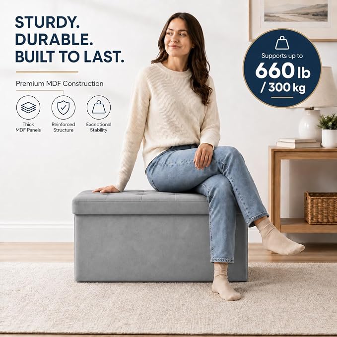 ALASDO 30 Inch Folding Storage Ottoman Bench - Image 3