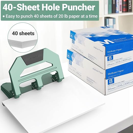 AFMAT Heavy Duty 3 Hole Puncher, 40-Sheet Three Hole Punch Heavy Duty, 50% - Image 3