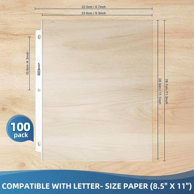 100 Pack Sheet Protectors, Top Loading Reinforced 3-Hole Page | Protectors - Image 2