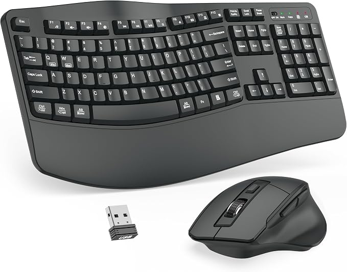 Wireless Keyboard and Mouse Combo, 2.4G Full Size Wave Keys Ergonomic Keyboard by Unknown