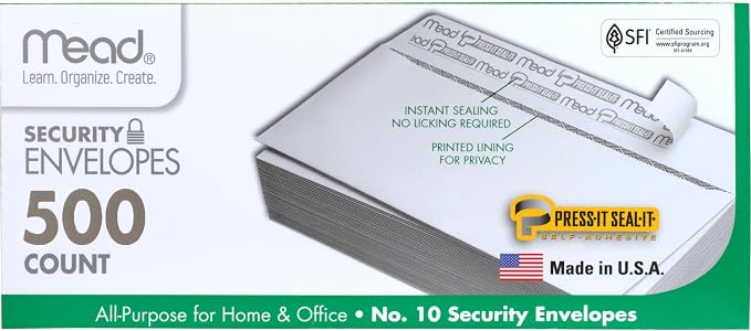 Mead #10 Security Business Envelopes Letter Size 4-1/8" x 9-1/2" – Peel and Seal by Mead