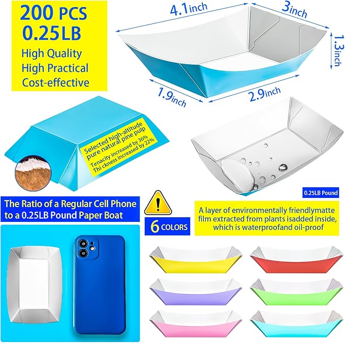 200 Pack Colorful 1/4Lb Paper Food Boat Trays Disposable Small Paper Boats - Image 2