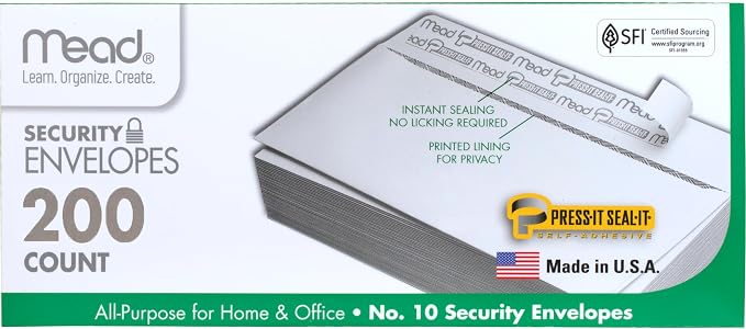Mead #10 Security Business Envelopes Letter Size 4-1/8" x 9-1/2" – Peel and Seal by Mead