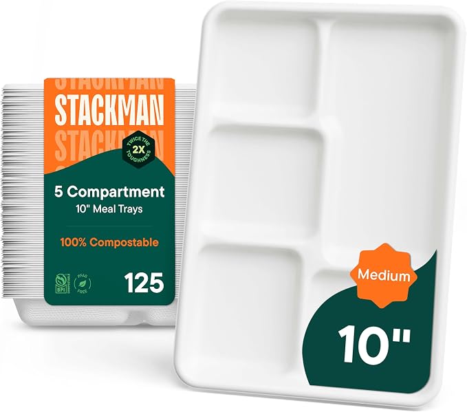 100% Compostable Paper Plate 125-Pack 5-Compartment Bagasse School Lunch Tray by StackMan