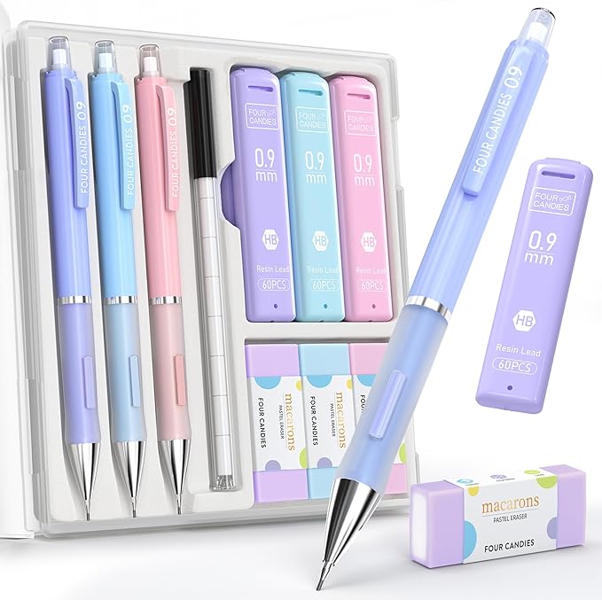 Four Candies Cute Pastel Mechanical Pencil Set, 3 Pack | 360 Lead Refills by FourCandies