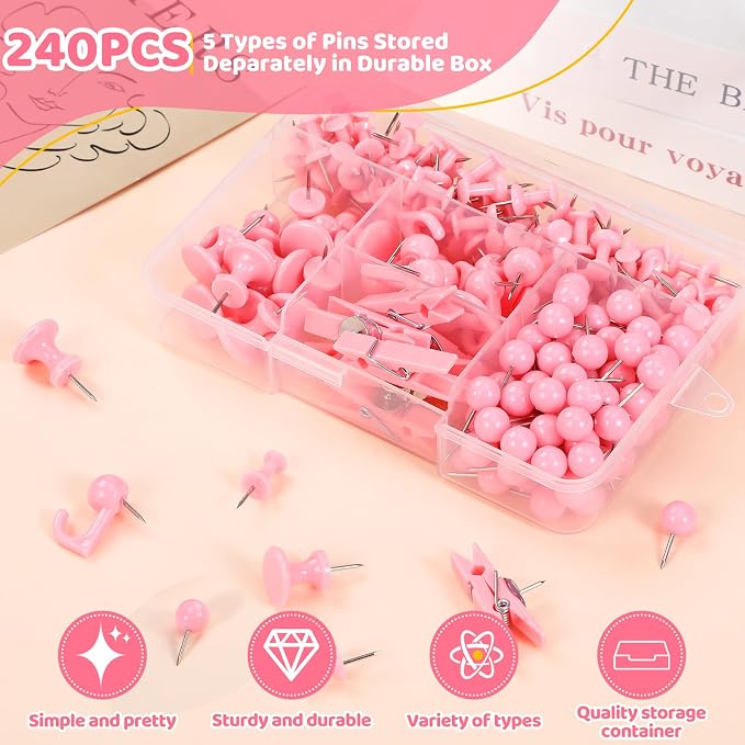 240Pcs Pink Thumb Tacks, 5 Style Cute Push Pins, Decorative Push Pins - Image 3