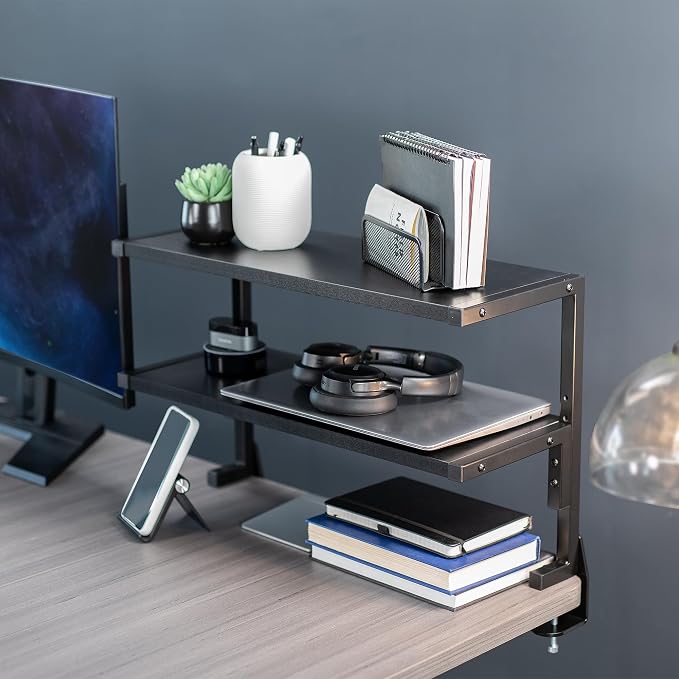 VIVO Black Clamp-on 24 inch 2-Tier Desk Shelf, STAND-SHELF24C | Above or Below - Image 2