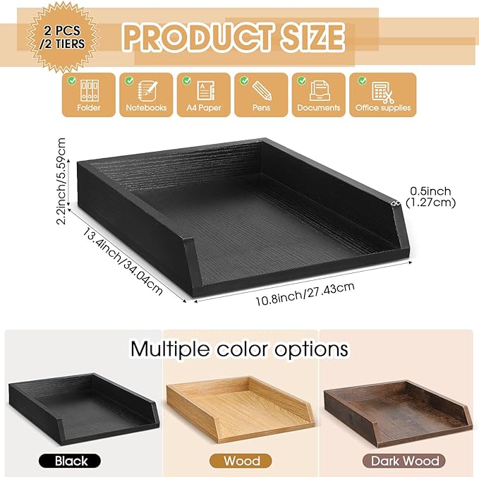 DoubleFill 2 Pcs Wooden Letter Trays 2 Tier Desktop Paper Organizer Wood - Image 2