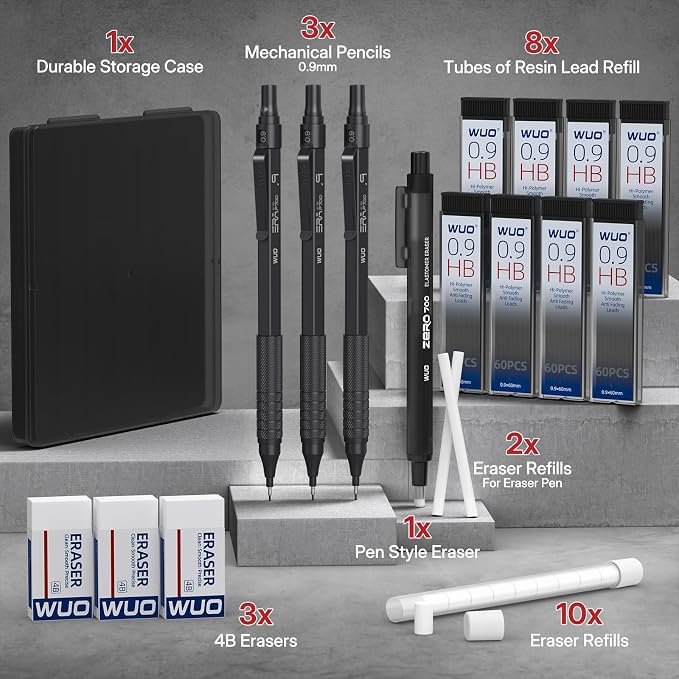 WUO 0.9mm Mechanical Pencil Set, 3 Black Metal Drafting Pencils - Image 7
