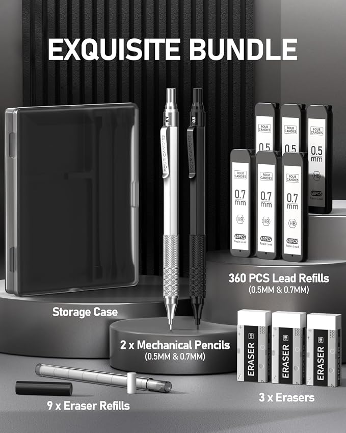 Four Candies 2PCS 0.5mm & 0.7 mm Metal Mechanical Pencils Set, 12 Erasers - Image 9