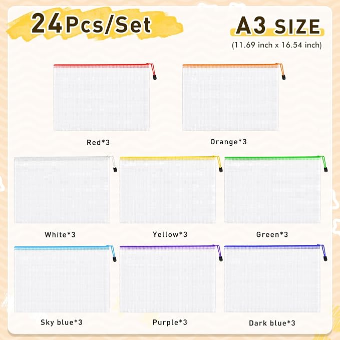 24pcs Mesh Zipper Pouch Bags, A3 Large Size 8 Colors Plastic Zipper Bags - Image 2