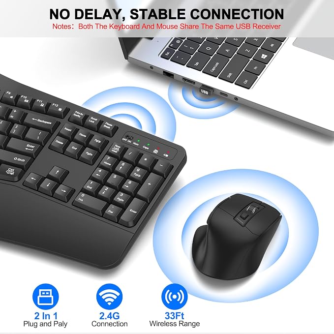 Wireless Keyboard and Mouse Combo, 2.4G Full Size Wave Keys Ergonomic Keyboard - Image 5