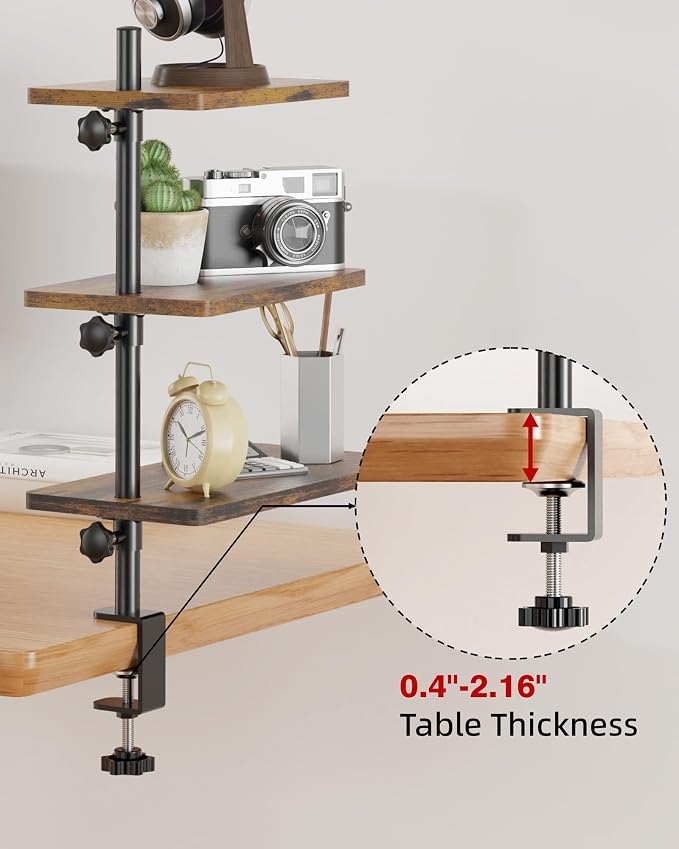 3 Tiers Clamp On Desk Shelf, 360° Angle Adjustable Desktop Shelf Organizer - Image 6