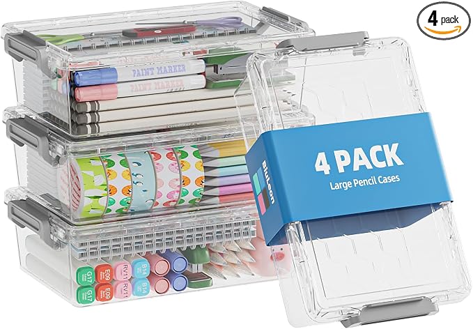 BiuLeon 4 Pack Extra Large Pencil Box, Plastic Pencil Case Organizer, Stackable by Unknown