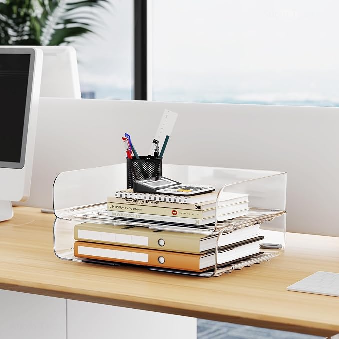 Tomorotec 2 Pack Clear Stackable Letter Tray, A4 Desk File Organizer Set | - Image 2