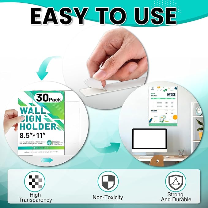 Aheroi 30Pcs Acrylic Sign Holder 8.5 x 11, No Drilling Acrylic Wall Frame Paper - Image 4