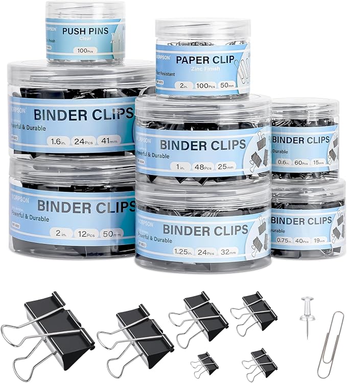 408 PCS Binder Clips Paper Clamps Assorted Sizes and Push Pins, Binding by WORPSON