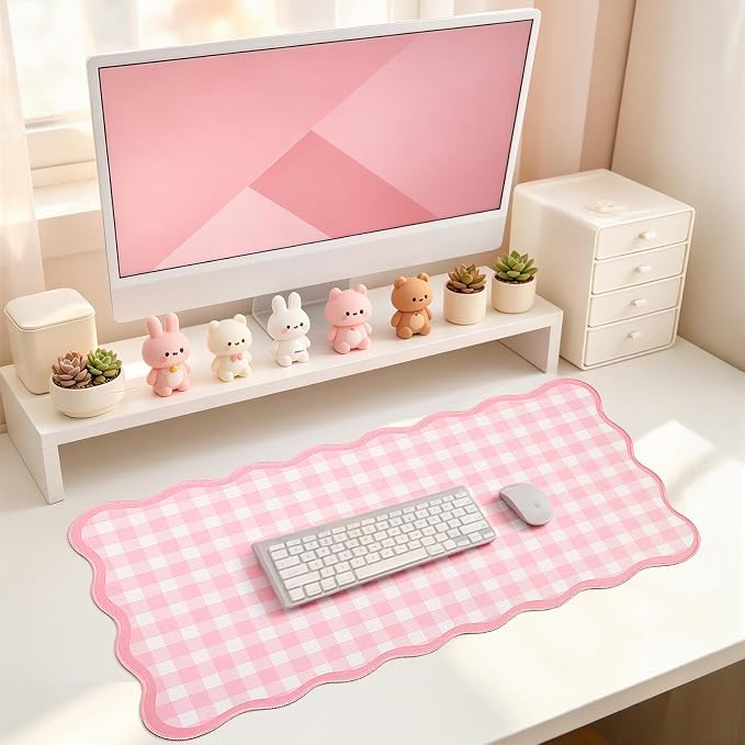Scalloped Gingham Pink Desk Mat, Large Cute Desk Pad - Image 3