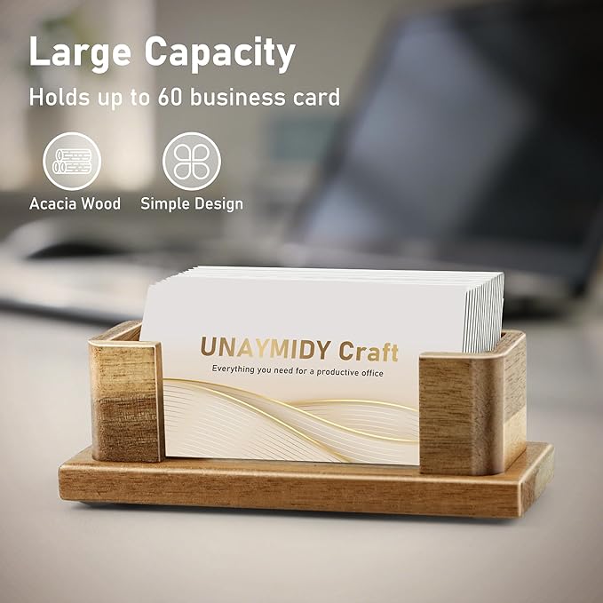 Business Card Holder for Desk, Acacia Wood Desktop Name Card Display Stand & - Image 4