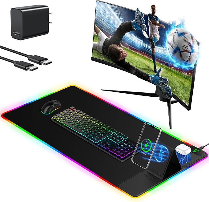 Mouse Pad with Foldable Phone Holder & Wireless Charger, XXL RGB Gaming by miroddi