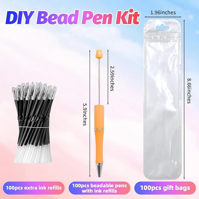 300 Pieces DIY Beadable Pen Kit – 100 Plastic Ballpoint Pens - Image 2