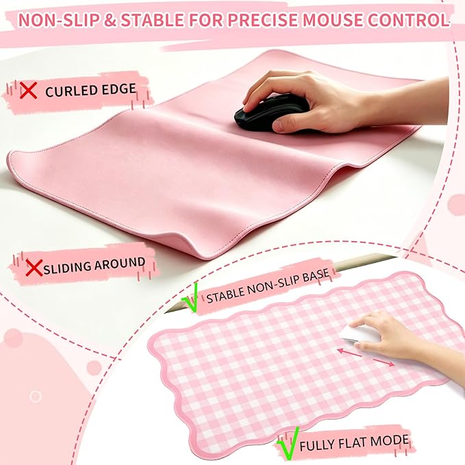 Scalloped Gingham Pink Desk Mat, Large Cute Desk Pad - Image 4