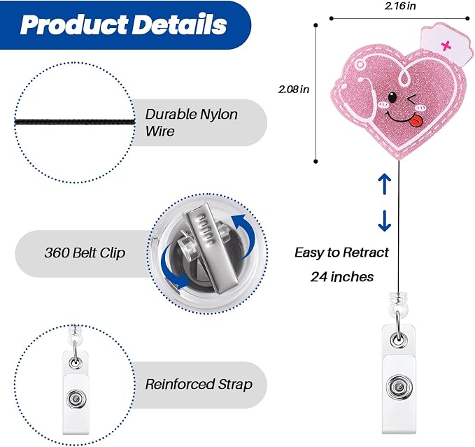 Cute Nurse Heart Stethoscope Retractable Badge Reel CNA MA ID Holder Pink | - Image 4