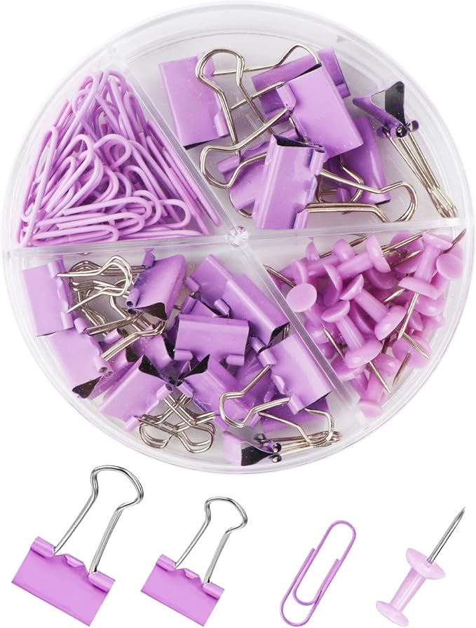 Purple Binder Clips and Paper Clips Push Pins Tacks Sets, Total 72 PCS Assorted by CREECHWA