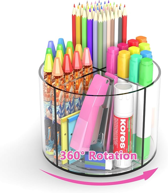 Wawocs Small Pencil Organizer for Desk Acrylic 4 Compartments, Tiny Rotating by Wawocs