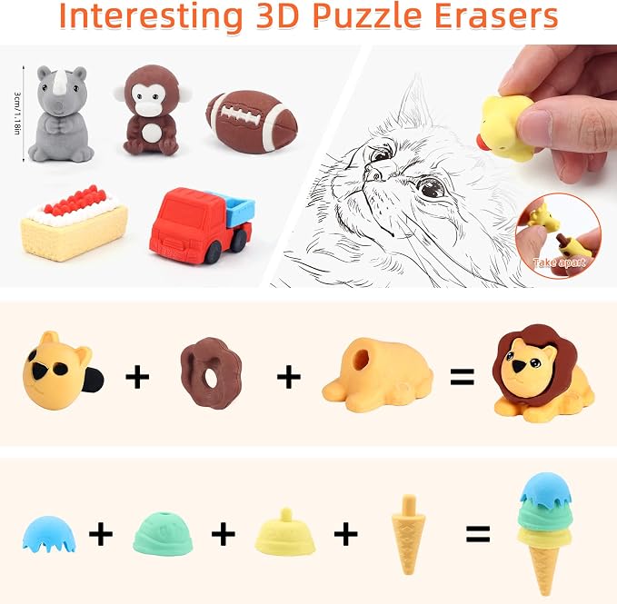 URSKYTOUS 120Pcs Animal Erasers Bulk Cute Food Erasers Desk Pets Kids Puzzle - Image 5