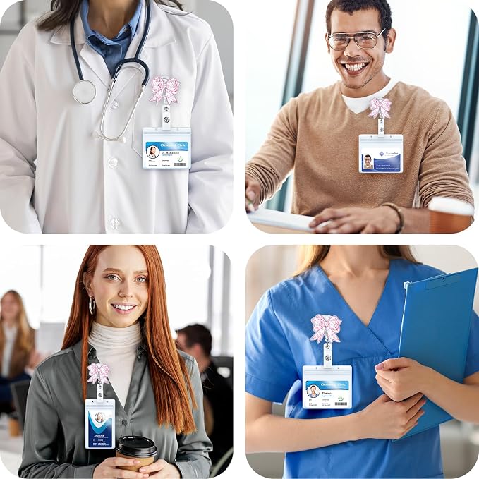 Funny Pink Floral Bow Nurse Badge Reel, Cute Retractable ID Badge Holder - Image 4