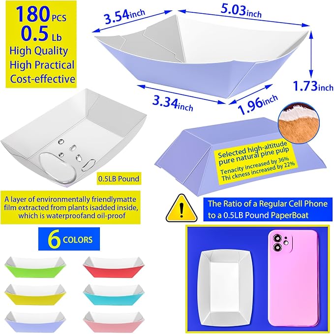 180 Pack Colorful 1/2Lb Paper Food Boat Trays Disposable Small Paper Boats - Image 2