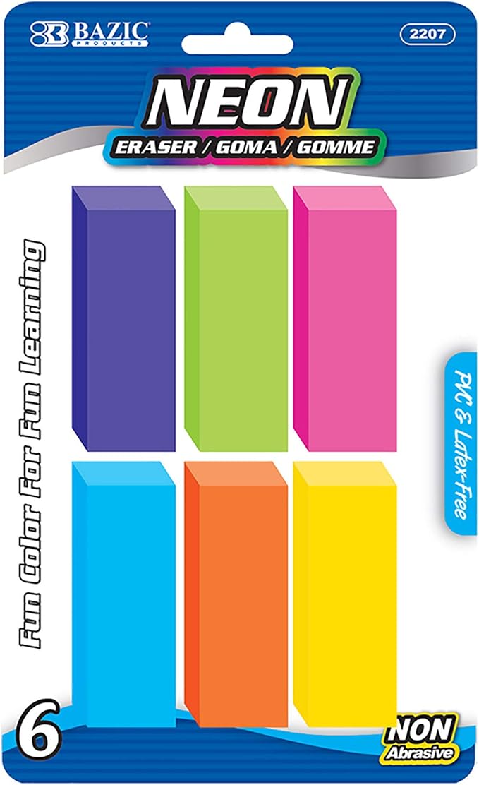 BAZIC Products Neon Bevel Block Erasers, Latex-Free, 24-Box | soft latex-free by BAZICProducts