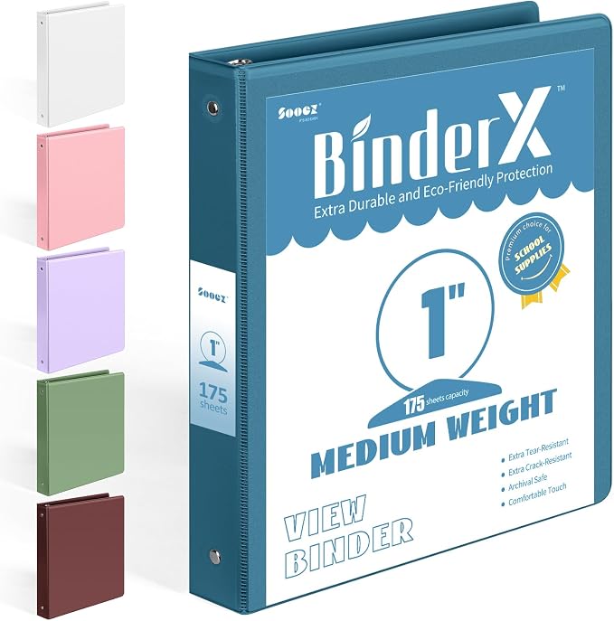 BinderX Extra Durable 3 Ring Binder, Round Rings 1 Inch Binder, Fits 175 Sheets by Sooez