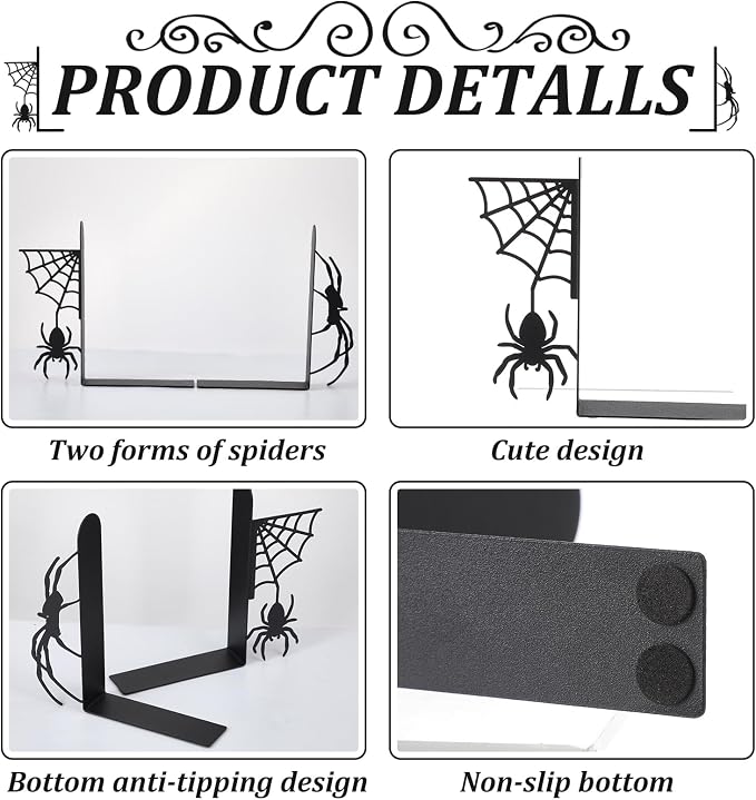 Geelin Creepy Spider Metal Bookends Set of 2 Styles Gothic Black Spider and Web - Image 3