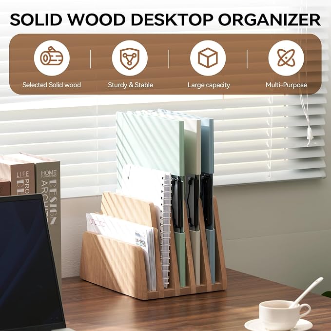 KIRIGEN Wooden Desk Mail Organizer, 5-Slot File Holder and Letter Sorter - Image 2