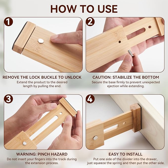 Drawer Dividers, Kitchen Drawer Organizer, 2 Pack 17.3''-22'' Adjustable Bamboo - Image 4