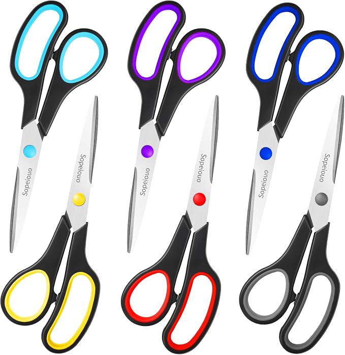 6 Pcs 8” Scissors, Sharp Stainless Steel Comfort Grip by Sopeiouo